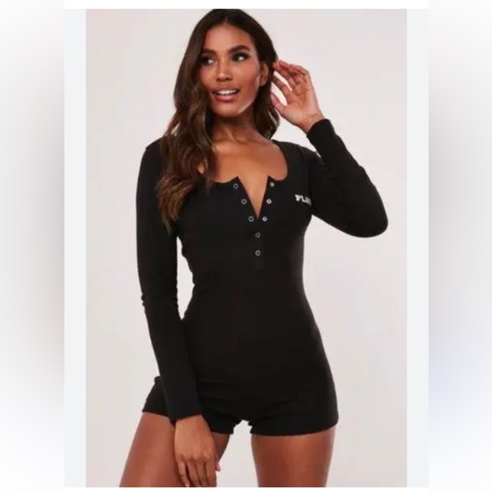 Missguided x Playboy black long sleeve button front playsuit